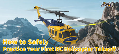Promotional image featuring a C032 1/48 UH-1 Huey RC Helicopter  mid-flight under blue skies, introducing a beginner’s guide on safe RC helicopter takeoff practices