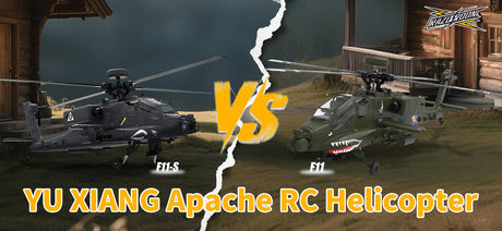 Comparison image of two RC Apache helicopters—Apache F11-S on the left in dark gray, and Apache F11 on the right in olive green.
