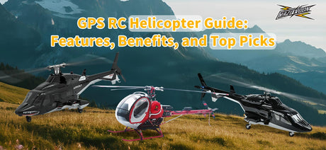 An Airwolf-style GPS RC helicopter flying midair against a blue sky, with text overlay reading 'GPS RC Helicopter: Guide – Features, Benefits, and Top Picks