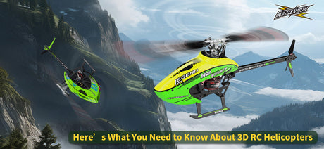 3D RC helicopter performing a maneuver near water – bright neon green body for high visibility