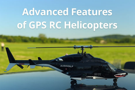 A black Airwolf helicopter model is placed on a reflective surface against a green field background.