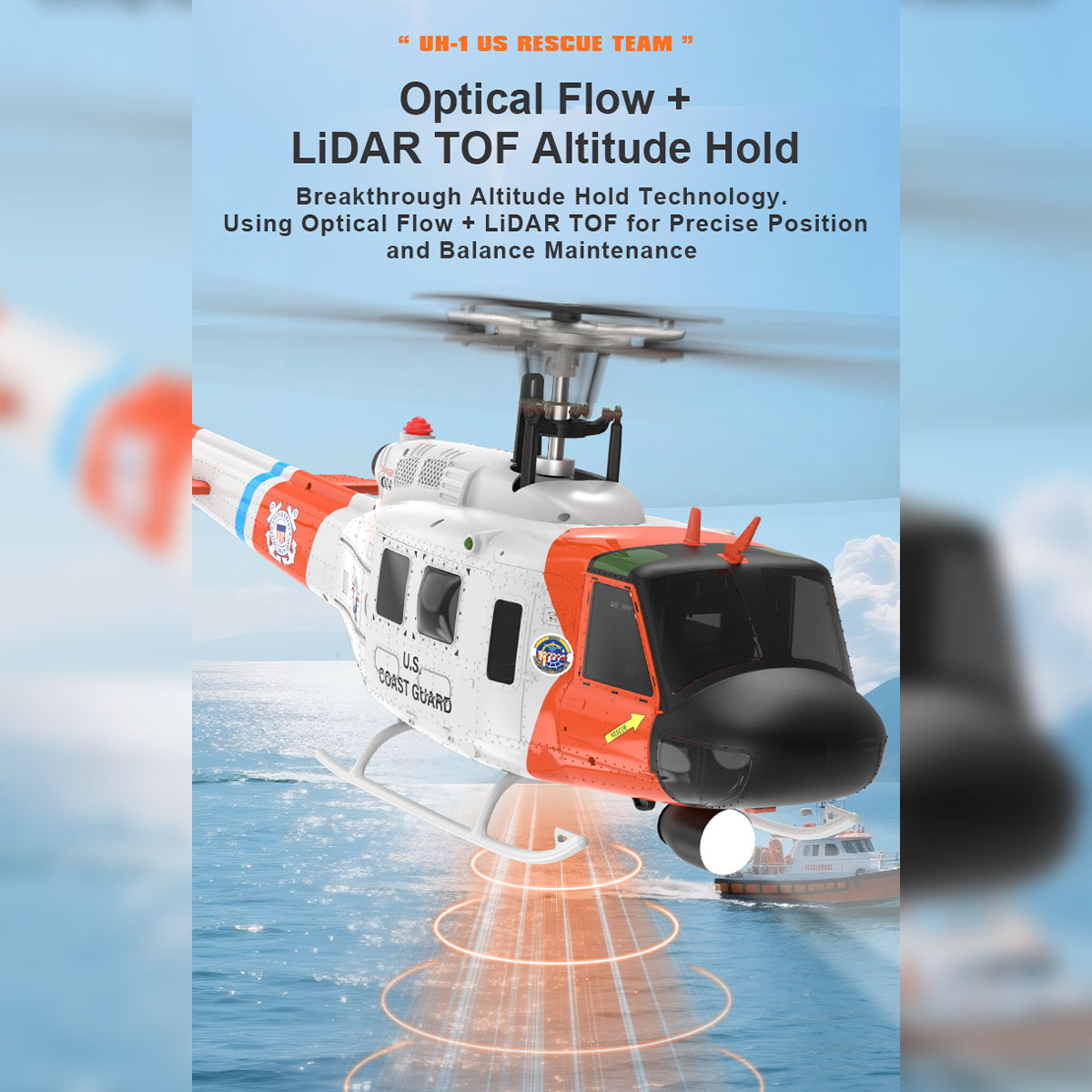 WOLFBUSH YUXIANG F07S UH-1 Huey 1/34 Scale RC Helicopter - 2.4G 6CH Brushless Direct Drive, 6G Flybarless with GPS Altitude Hold, RTF White Rescue Livery(MODE1/MODE2 Switchable)