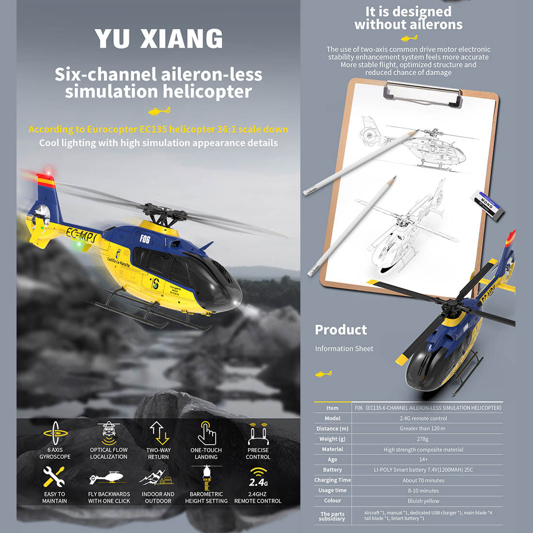 YU XIANG F06 EC 135 2,4G 6CH Brushless RC-Helikopter im Maßstab 1/36, Direktantrieb, 3D/6G Flybarless RTF (Modus 1/Modus 2 umschaltbar)