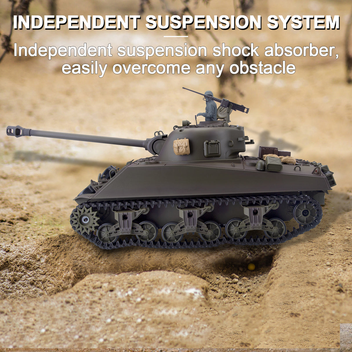 1/16 2.4G RC US M4A3 Sherman Medium Tank Vehicle Model Steel Gear Box Retractable Long Barrel Smoking Light Sound Launch BB Ammunition Infrared Ray