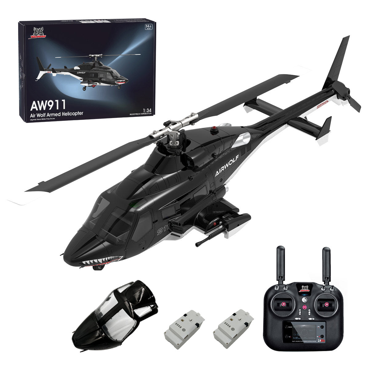 WOLFBUSH AW-911 Airwolf RC Helicopter Without Shark Mouth, With Window Glass with 2 Batteries