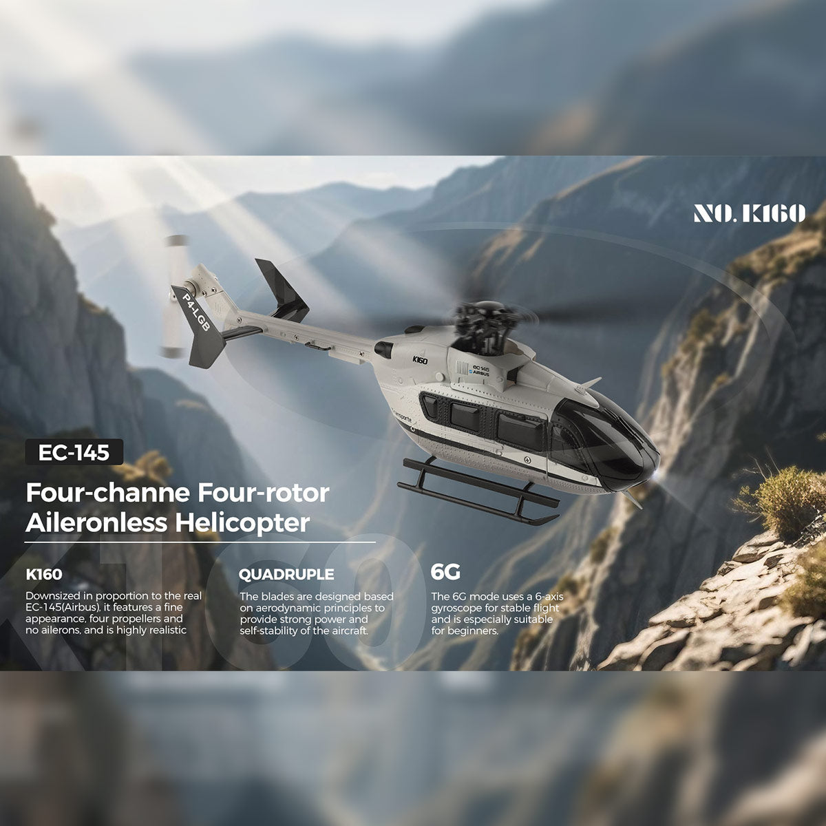 WLTOYS K160 EC-145 160-Class 2.4G 4CH 4-Propeller Flybarless Scale RC Helicopter Model with Adjustable Left/Right-Hand Throttle (RTF Version)
