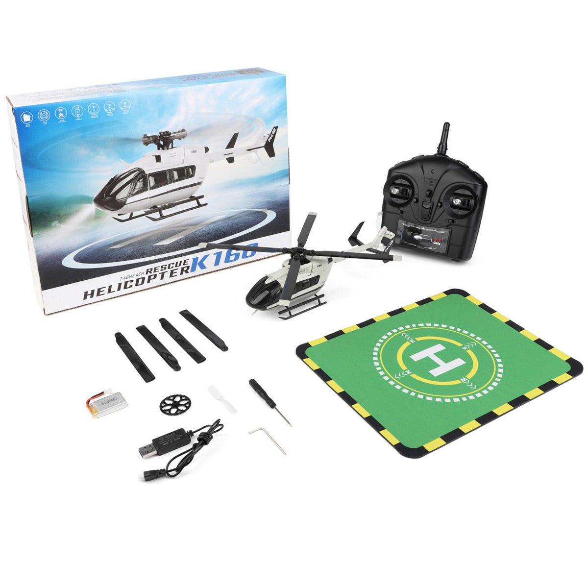 WLTOYS K160 EC-145 160-Class 2.4G 4CH 4-Propeller Flybarless Scale RC Helicopter Model with Adjustable Left/Right-Hand Throttle (RTF Version)