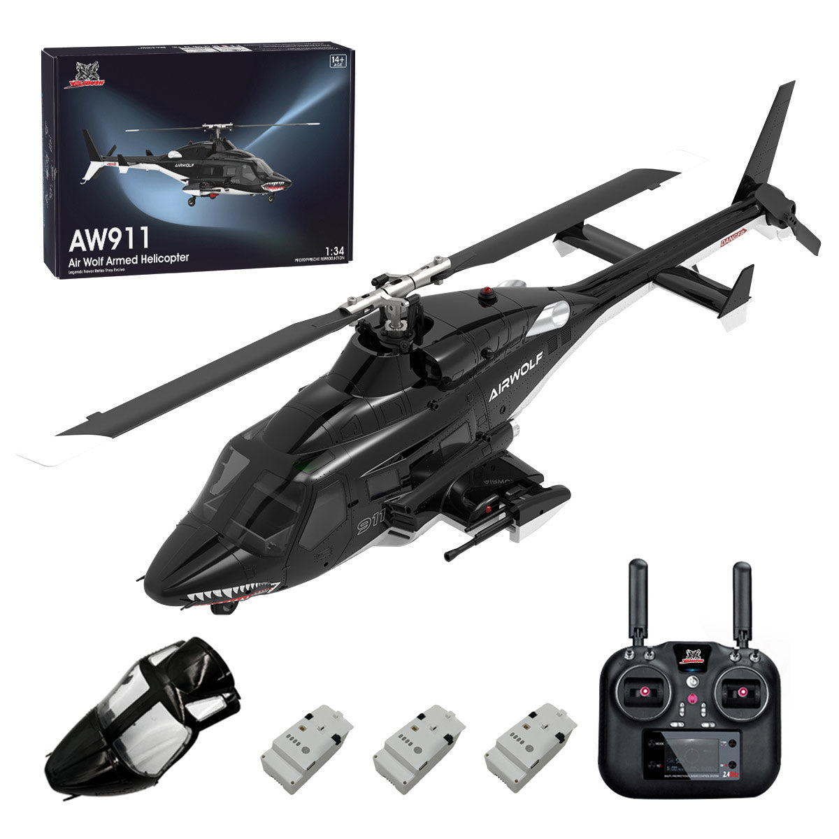 WOLFBUSH AW-911 Airwolf RC Helicopter Without Shark Mouth, With Window Glass With 3 Batteries