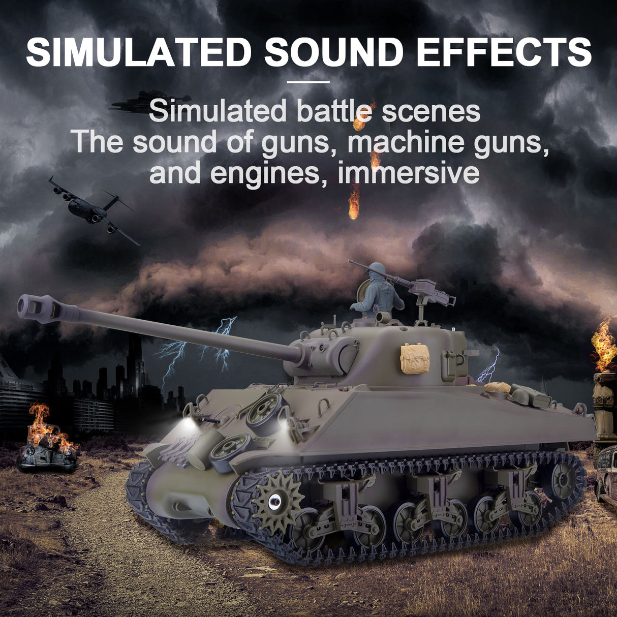 1/16 2.4G RC US M4A3 Sherman Medium Tank Vehicle Model Steel Gear Box Retractable Long Barrel Smoking Light Sound Launch BB Ammunition Infrared Ray