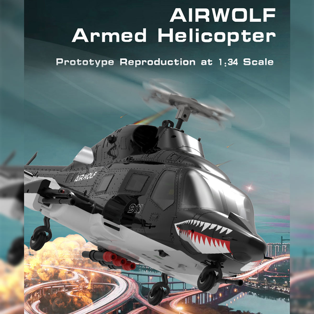 WOLFBUSH AW-911 Airwolf 1/34 Scale 2.4G 9CH Flybarless RC Helicopter Model with 6G/3D Stunt Mode and GPS Positioning Bell222  - Razordon