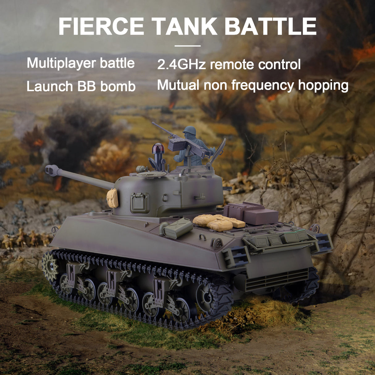 1/16 2.4G RC US M4A3 Sherman Medium Tank Vehicle Model Steel Gear Box Retractable Long Barrel Smoking Light Sound Launch BB Ammunition Infrared Ray