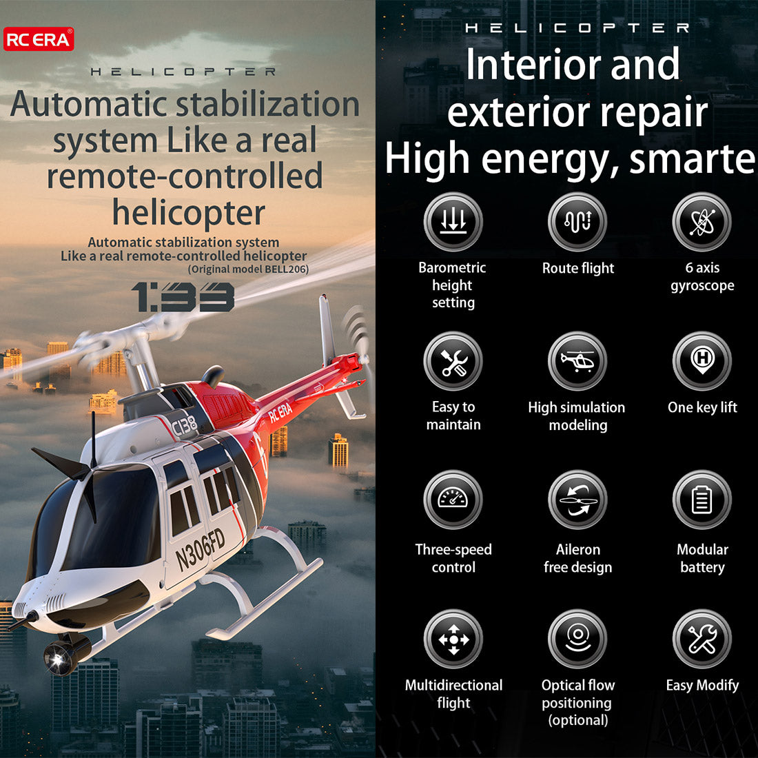 C138 1/30 Scale BELL 206 Helicopter 2.4G 6CH Single-Rotor Gyroscopic Flying Aircraft Model-razordon