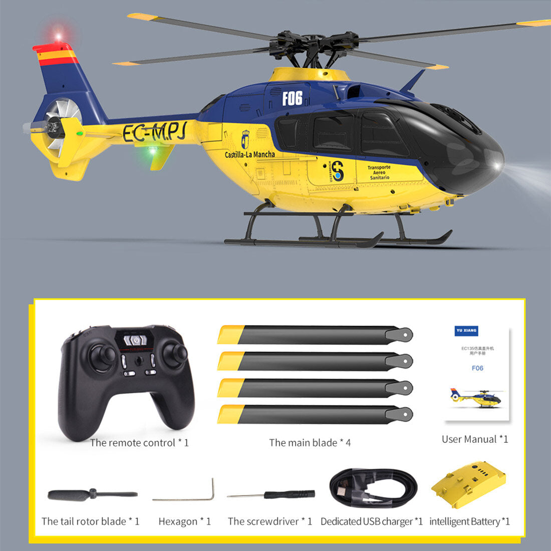 YU XIANG F06 EC 135 2,4G 6CH Brushless RC-Helikopter im Maßstab 1/36, Direktantrieb, 3D/6G Flybarless RTF (Modus 1/Modus 2 umschaltbar)