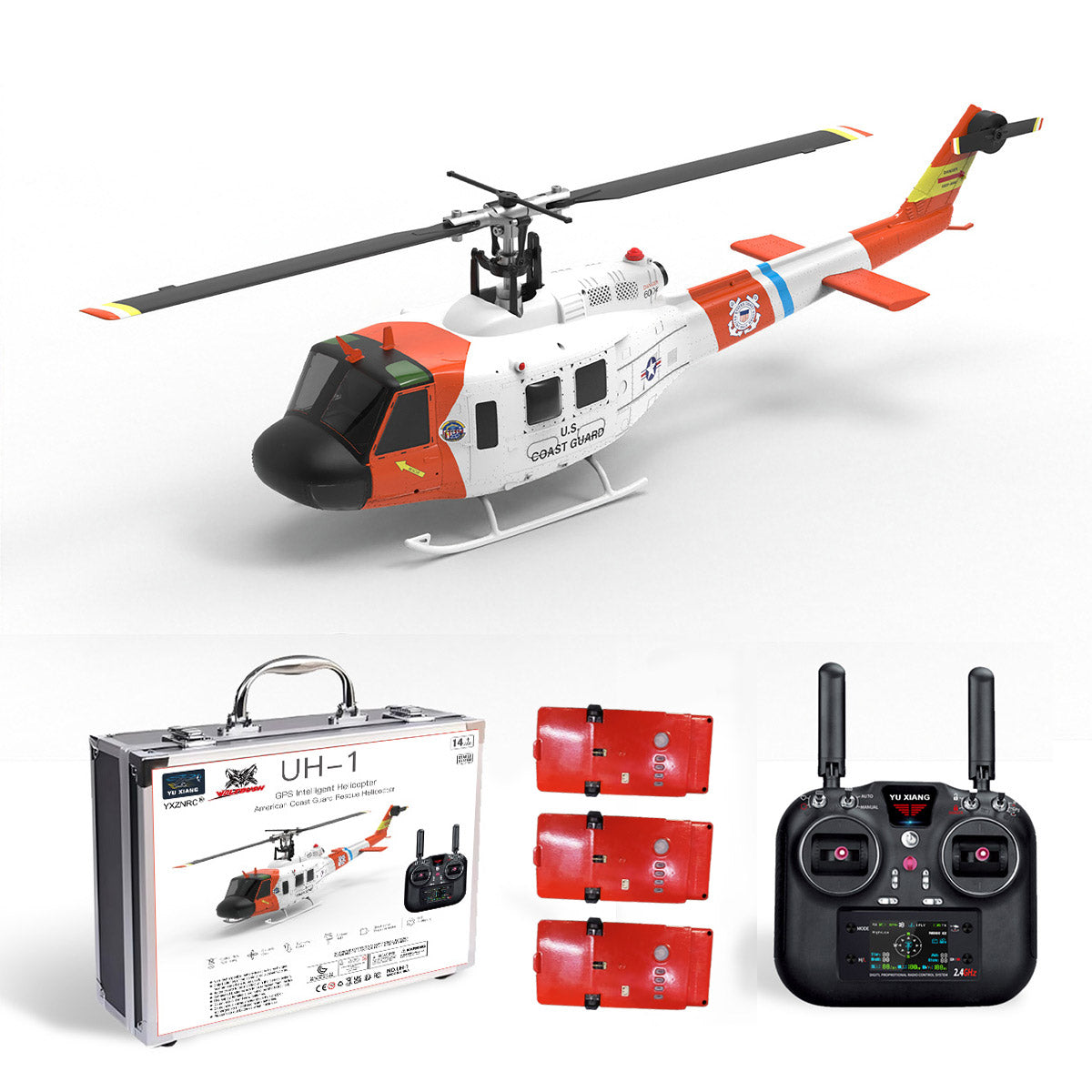 WOLFBUSH YUXIANG F07S UH-1 Huey 1/34 Scale RC Helicopter - 2.4G 6CH Brushless Direct Drive, 6G Flybarless with GPS Altitude Hold, RTF White Rescue Livery(MODE1/MODE2 Switchable)
