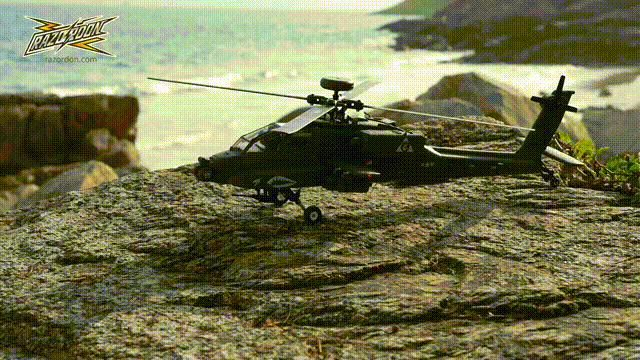AH64 F11S Apache RC Helicopter in the Process of Taking Off