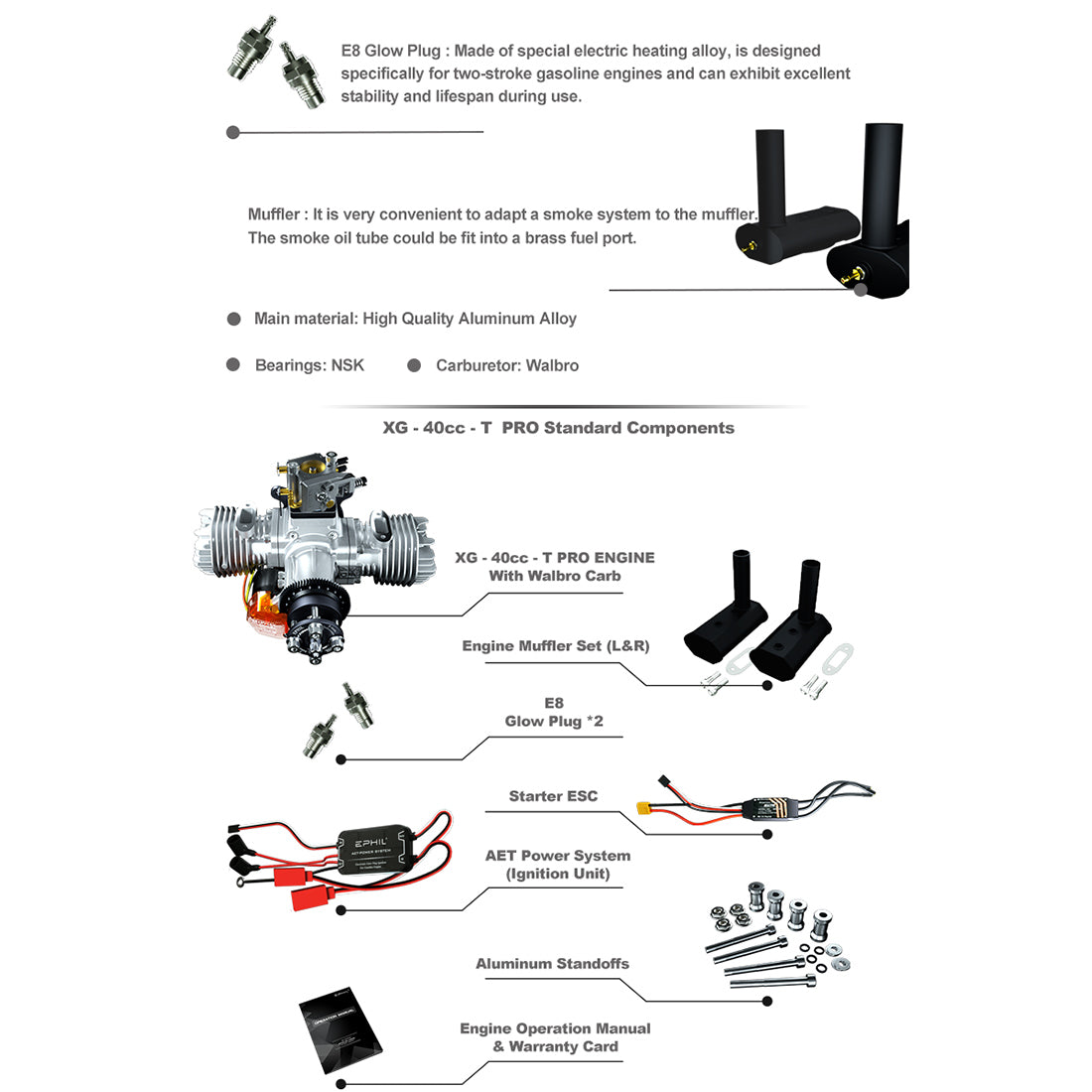 EPHIL XG-40cc-T Pro Electric Starter Two-Stroke Twin-Cylinders Horizontally Opposed Gasoline Engine Model for Fixed-Wing Aircraft Models - RAZORDON