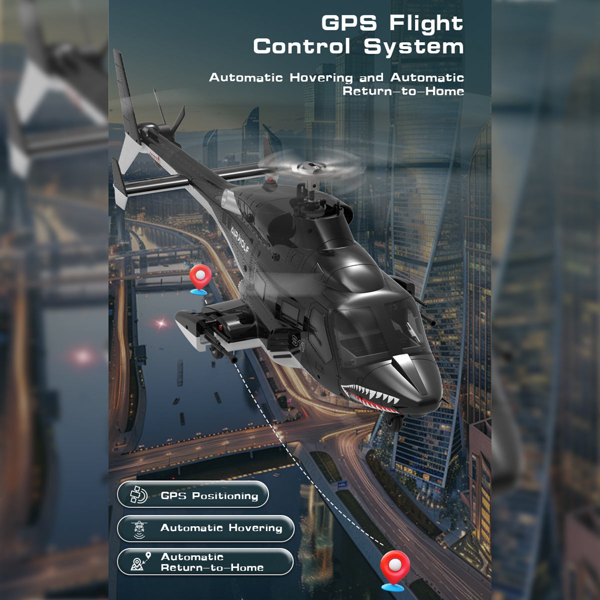 WOLFBUSH AW-911 Airwolf 1/34 Scale 2.4G 9CH Flybarless RC Helicopter Model with 6G/3D Stunt Mode and GPS Positioning Bell222  - Razordon