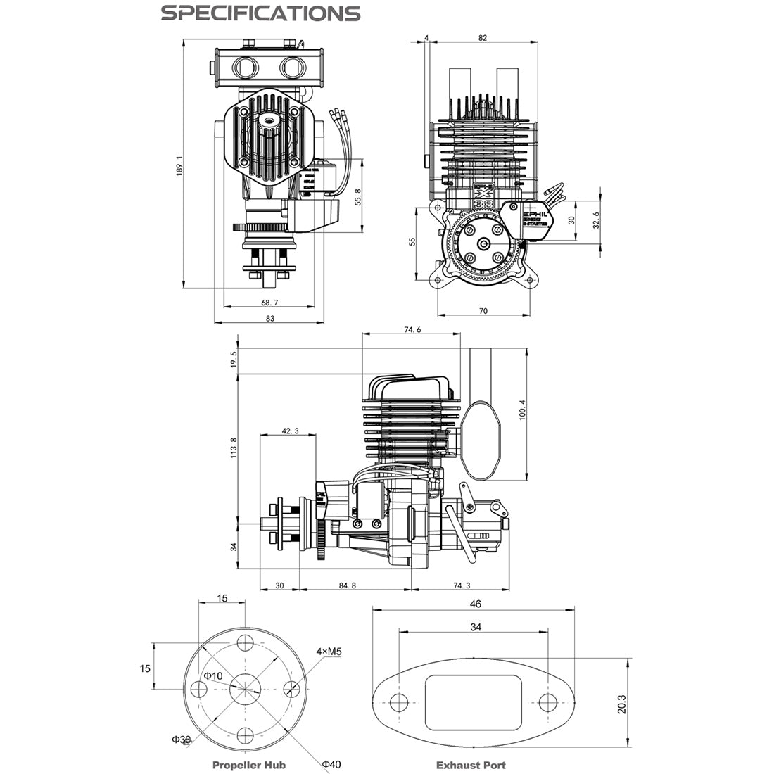 EPHIL X-38cc-R Pro Electric Starter Rear Exhaust Spark Plug Two-Stroke Single Cylinder Gasoline Engine Model for Fixed-Wing Aircraft Models-RAZORDON