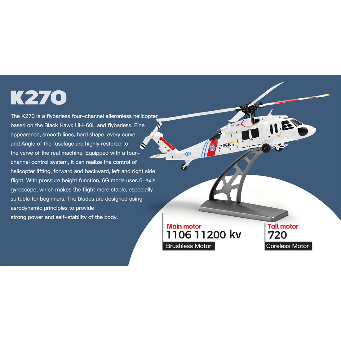 WLTOYS K270 UH-60L 2.4G 4CH 170-Class 4-Rotor Flybarless Realistic Helicopter Model with Barometric Altitude & Left/Right Hand Throttle Adjustment (Optical Flow RTF Version)