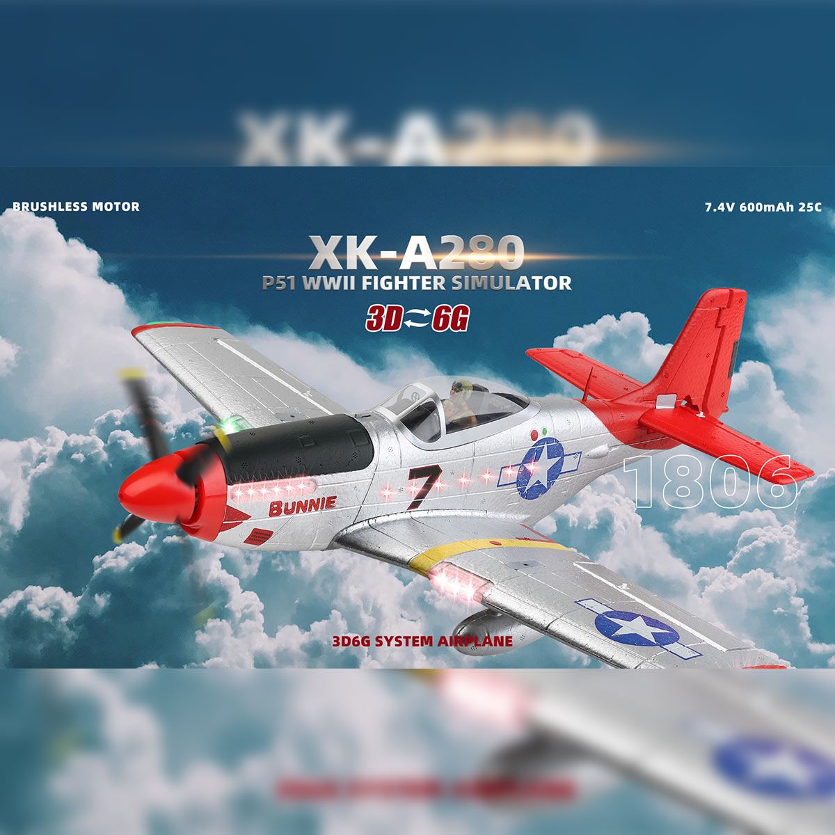 XK A280 P-51 3D/6G 2.4G 4CH Brushless Scale RC Airplane Model - RAZORDON