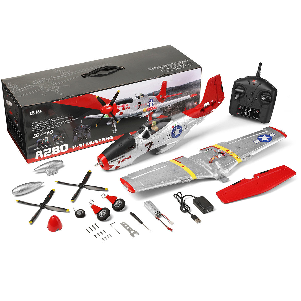 XK A280 P-51 3D/6G 2.4G 4CH Brushless Scale RC Airplane Model - RAZORDON