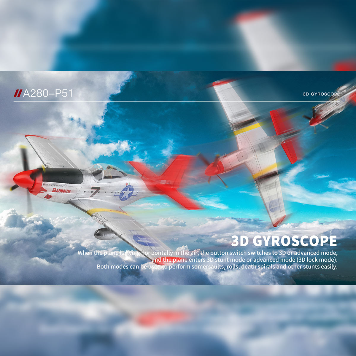 XK A280 P-51 3D/6G 2.4G 4CH Brushless Scale RC Airplane Model - RAZORDON