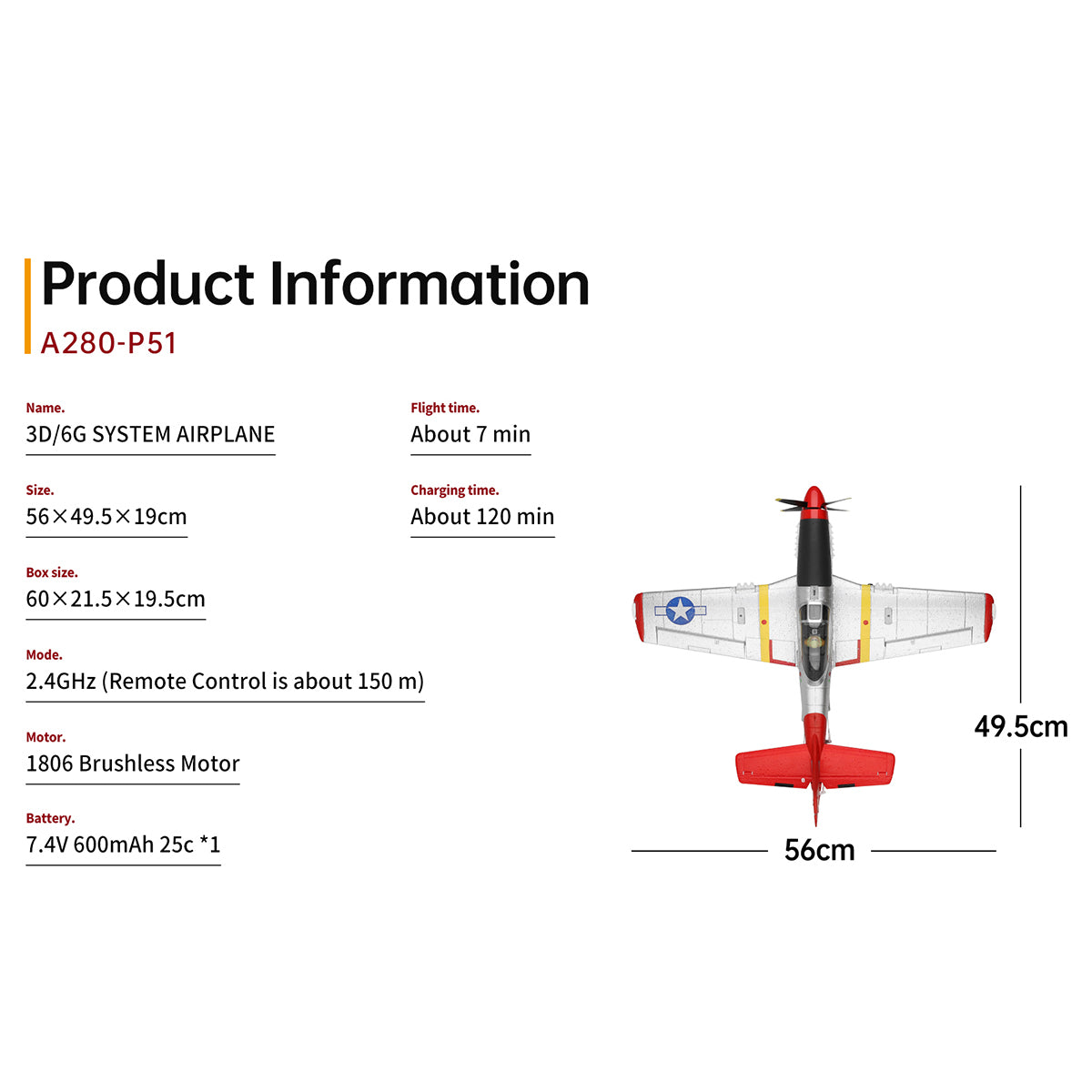 XK A280 P-51 3D/6G 2.4G 4CH Brushless Scale RC Airplane Model - RAZORDON