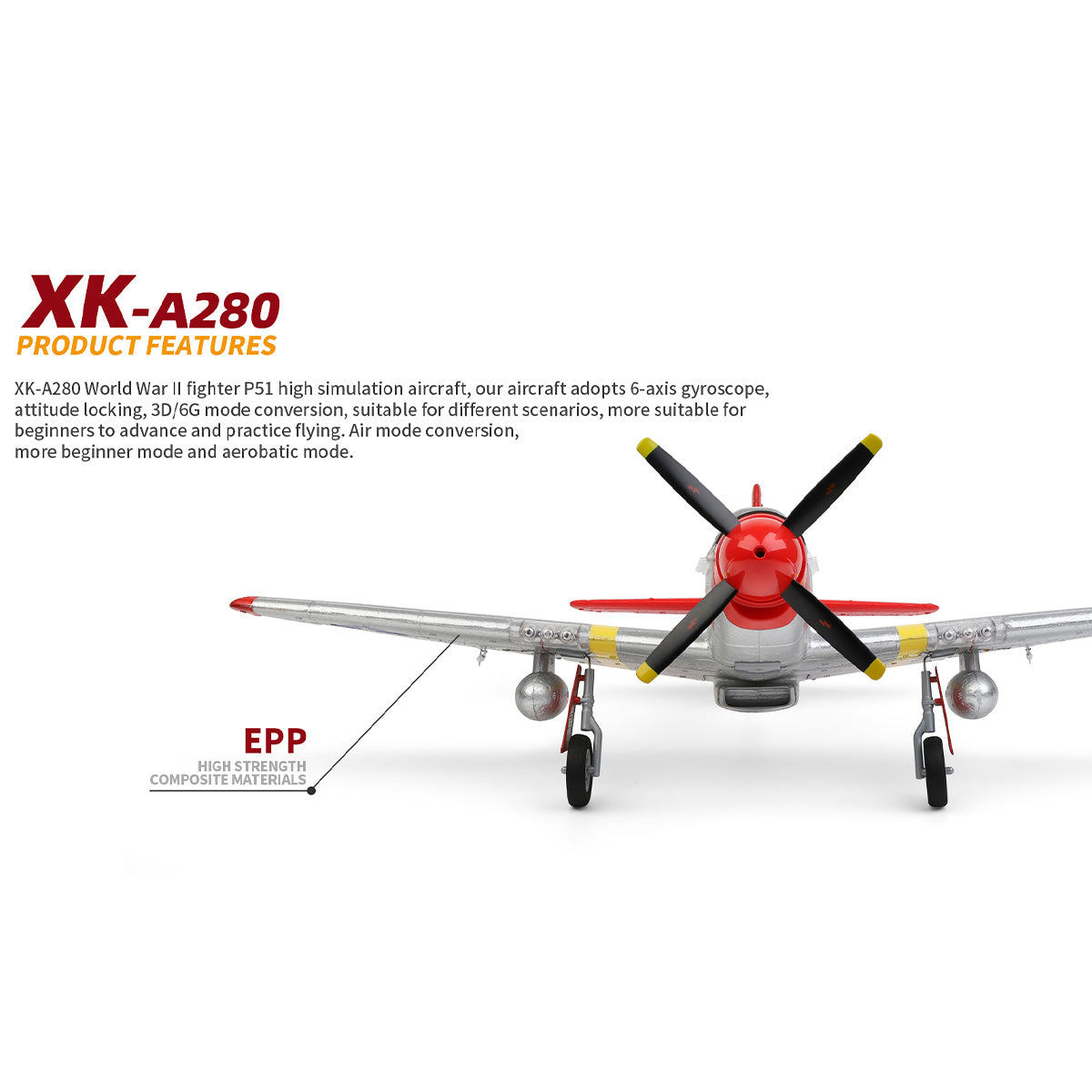 XK A280 P-51 3D/6G 2.4G 4CH Brushless Scale RC Airplane Model - RAZORDON