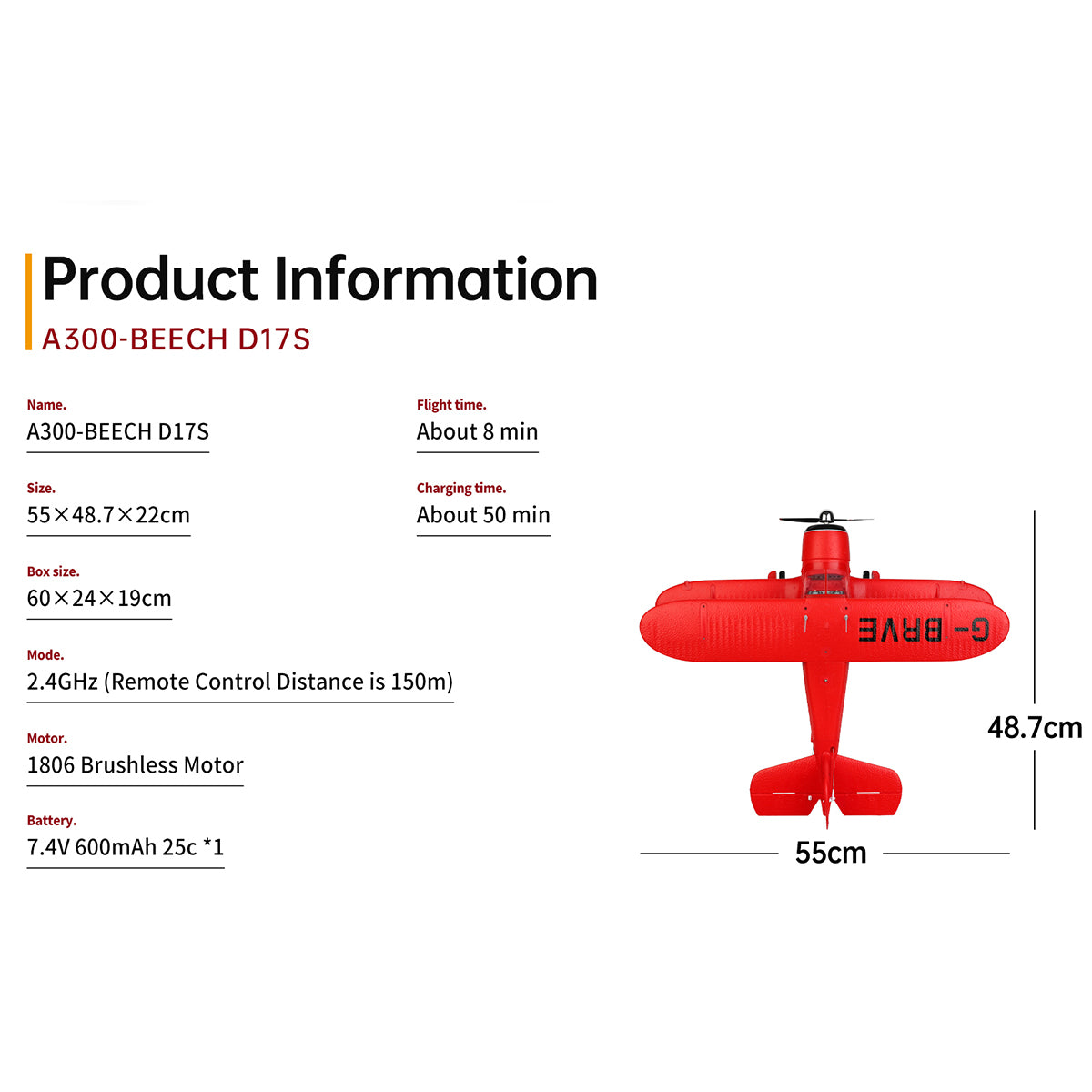 XK A300 Beech D17S Biplane 3D/6G 2.4G 4CH Brushless Scale RC Airplane Model - RAZORDON