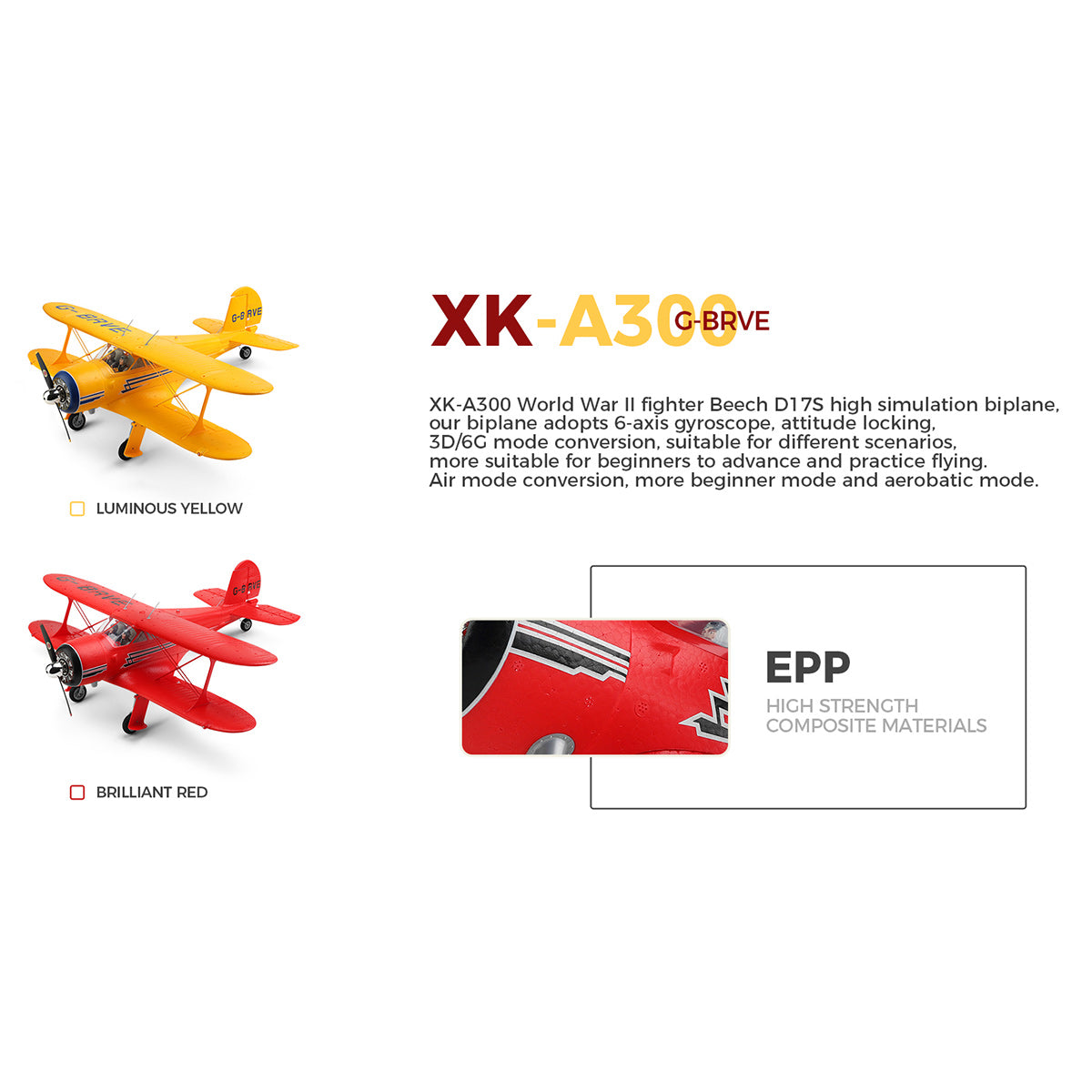 XK A300 Beech D17S Biplane 3D/6G 2.4G 4CH Brushless Scale RC Airplane Model - RAZORDON