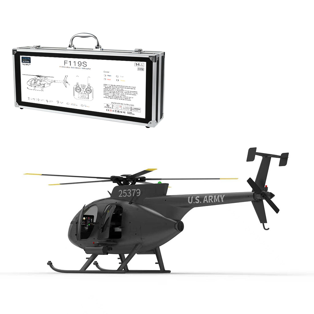 YU XIANG F119S MD500 1/16 Scale 250-Class 2.4G 9CH RC Little Bird Military Helicopter Model with Flybarless Rotor Head, 6G/3D Switchable Modes & Openable Cockpit (RTF Version)