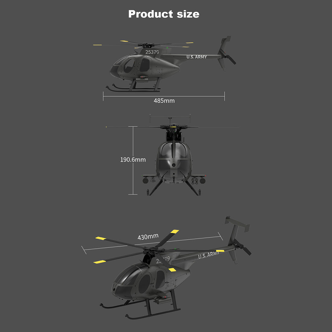 YU XIANG F119S MD500 1/16 Scale 250-Class 2.4G 9CH RC Little Bird Military Helicopter Model with Flybarless Rotor Head, 6G/3D Switchable Modes & Openable Cockpit (RTF Version)