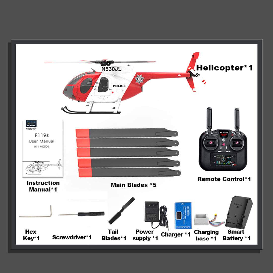 YU XIANG F119S MD500 1/16 Scale 250-Class 2.4G 9CH RC Little Bird Military Helicopter Model with Flybarless Rotor Head, 6G/3D Switchable Modes & Openable Cockpit (RTF Version)