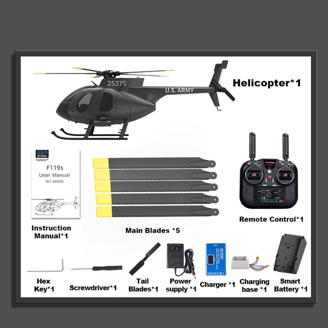 YU XIANG F119S MD500 1/16 Scale 250-Class 2.4G 9CH RC Little Bird Military Helicopter Model with Flybarless Rotor Head, 6G/3D Switchable Modes & Openable Cockpit (RTF Version)