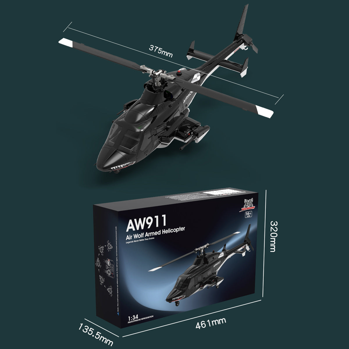 WOLFBUSH AW-911 Airwolf RC Helicopter Box Size - Razordon