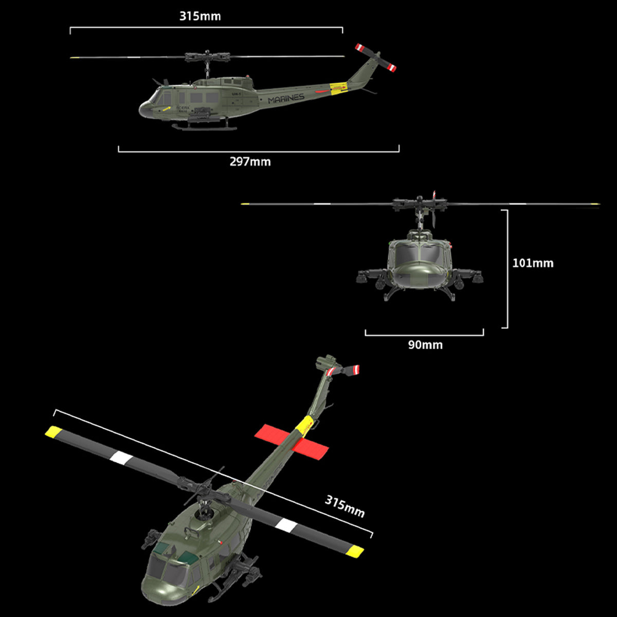 C032 1/48 Scale UH-1 Huey 2.4G 6CH Flybarless RC Helicopter Model - Razordon