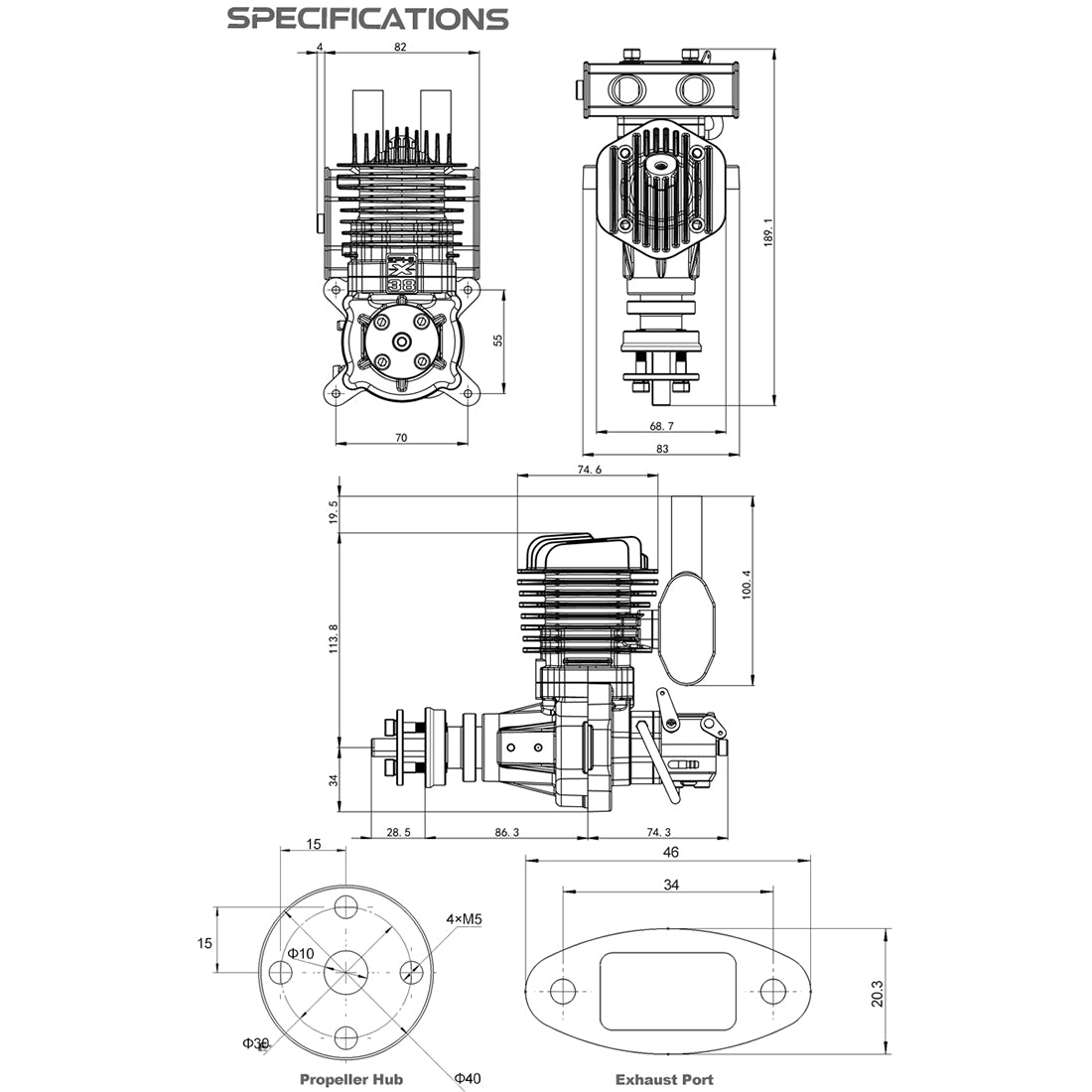 EPHIL X-38cc-R Rear Exhaust Spark Plug Two-Stroke Single Cylinder Gasoline Engine Model for Fixed-Wing Aircraft Models-RAZORDON