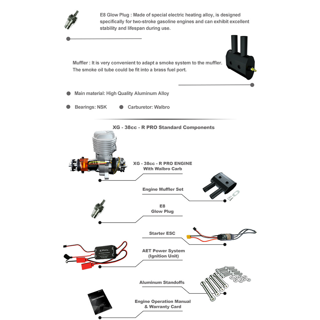 EPHIL XG-38cc-R Pro Electric Starter Two-Stroke Single Cylinder Side Exhaust Gasoline Engine Model for Fixed-Wing Aircraft Models-RAZORDON