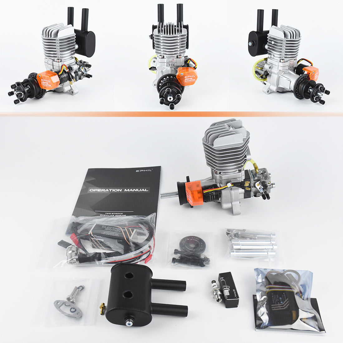 EPHIL X-38cc-R Pro Electric Starter Rear Exhaust Spark Plug Two-Stroke Single Cylinder Gasoline Engine Model for Fixed-Wing Aircraft Models-RAZORDON