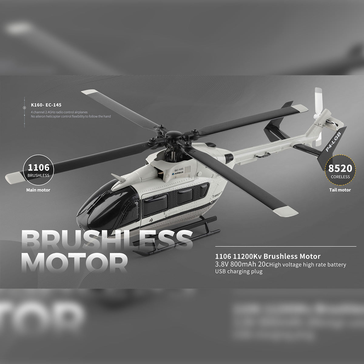 WLTOYS K160 EC-145 160-Class 2.4G 4CH 4-Propeller Flybarless Scale RC Helicopter Model with Adjustable Left/Right-Hand Throttle (RTF Version)