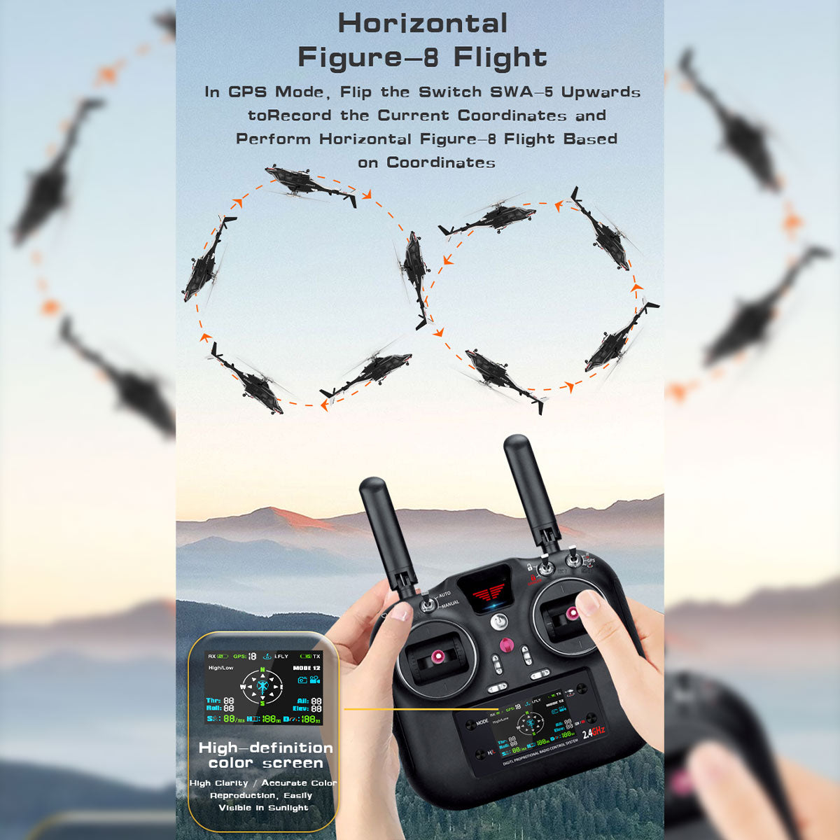 WOLFBUSH AW-911 Airwolf 1/34 Scale 2.4G 9CH Flybarless RC Helicopter Model with 6G/3D Stunt Mode and GPS Positioning Bell222  - Razordon