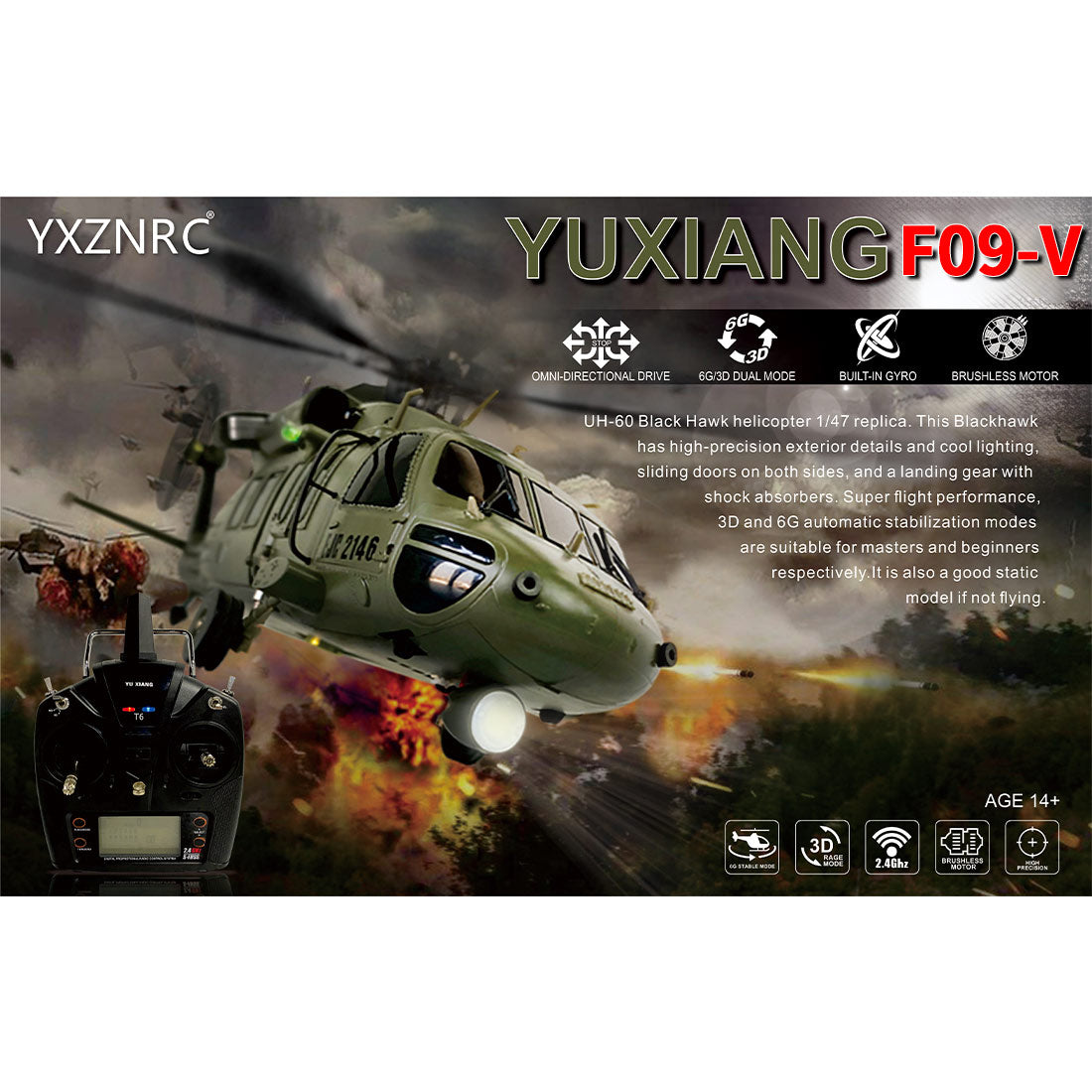 YU XIANG YXZNRC F09-V 1/47 Scale 2.4G 6CH RC Dual Brushless Direct Drive Flybarless 6G/3D Stunt Helicopter Model (RTF Version) - Razordon