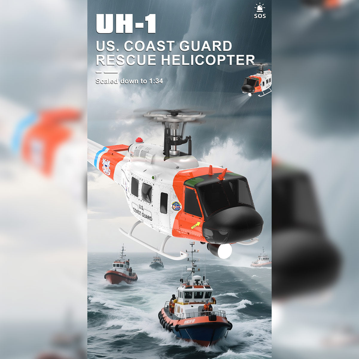 WOLFBUSH YUXIANG F07S UH-1 Huey 1/34 Scale RC Helicopter - 2.4G 6CH Brushless Direct Drive, 6G Flybarless with GPS Altitude Hold, RTF White Rescue Livery(MODE1/MODE2 Switchable)