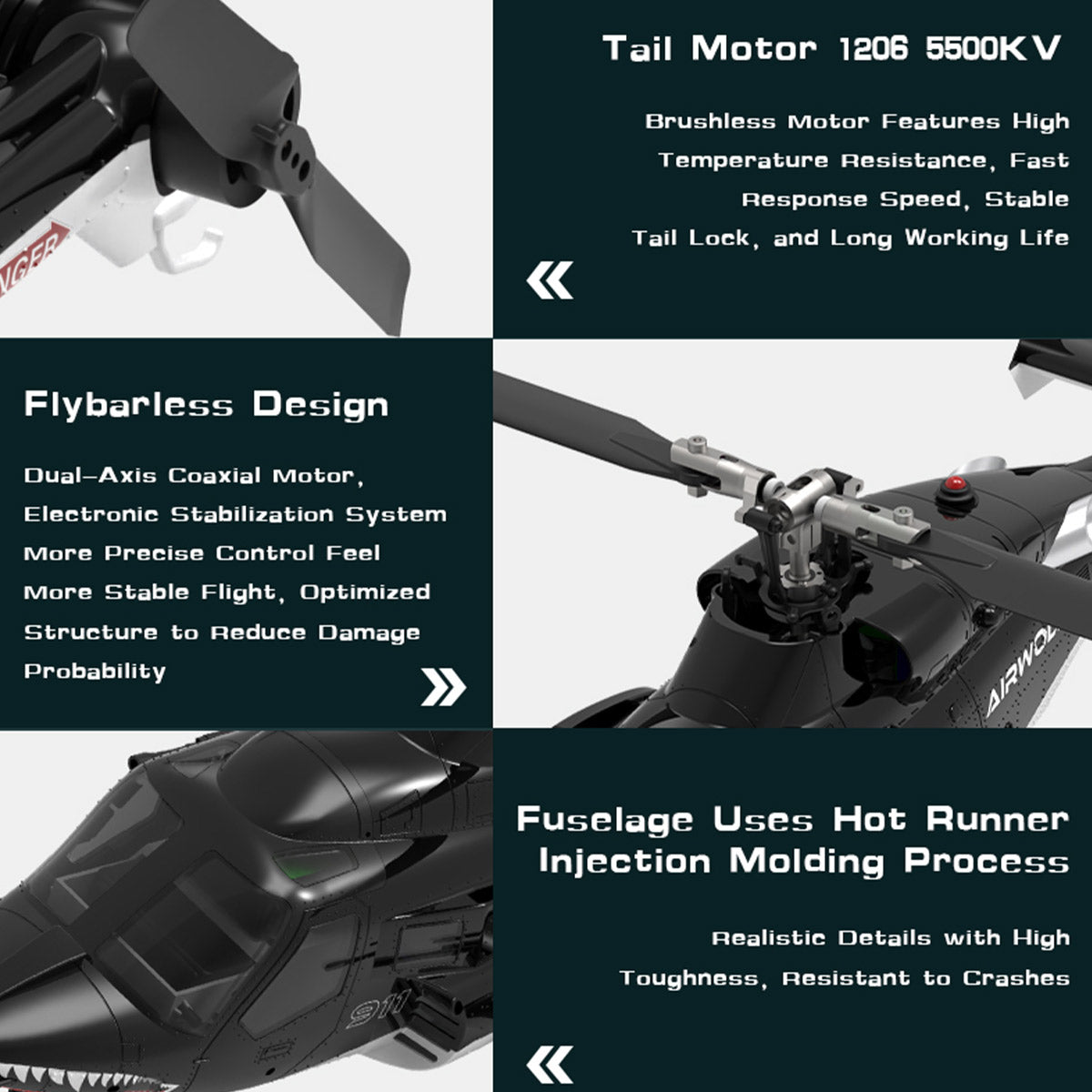 WOLFBUSH AW-911 Airwolf 1/34 Scale 2.4G 9CH Flybarless RC Helicopter Model with 6G/3D Stunt Mode and GPS Positioning Bell222  - Razordon