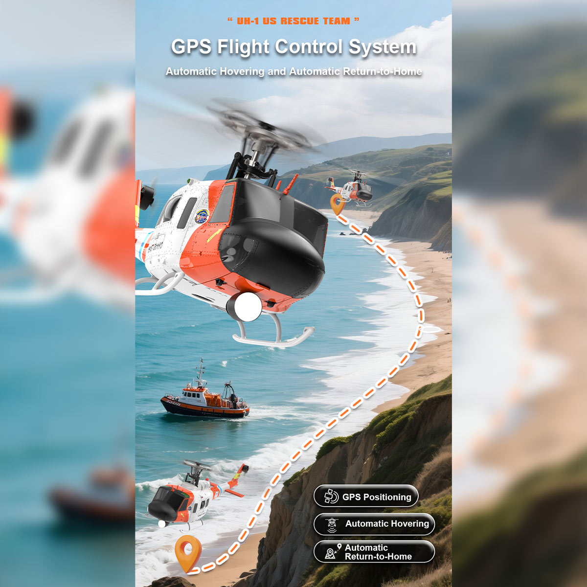 WOLFBUSH YUXIANG F07S UH-1 Huey 1/34 Scale RC Helicopter - 2.4G 6CH Brushless Direct Drive, 6G Flybarless with GPS Altitude Hold, RTF White Rescue Livery(MODE1/MODE2 Switchable)