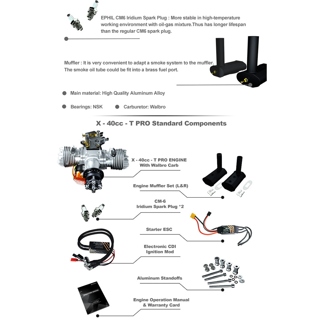 EPHIL X-40cc-T Pro Electric Starter Twin-cylinders Two-Stroke Horizontally Opposed Gasoline Engine Model for Fixed-Wing Aircraft Models - RAZORDON