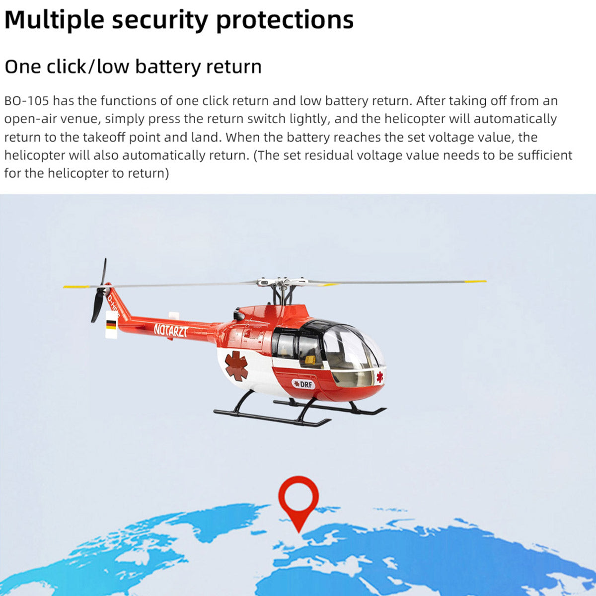 FLYWING BO105 470 Größe 2,4G 6CH Ziviler RC-Helikopter mit H1-Flugcontroller, GPS und einstellbarer Steuerung für Links-/Rechtshänder