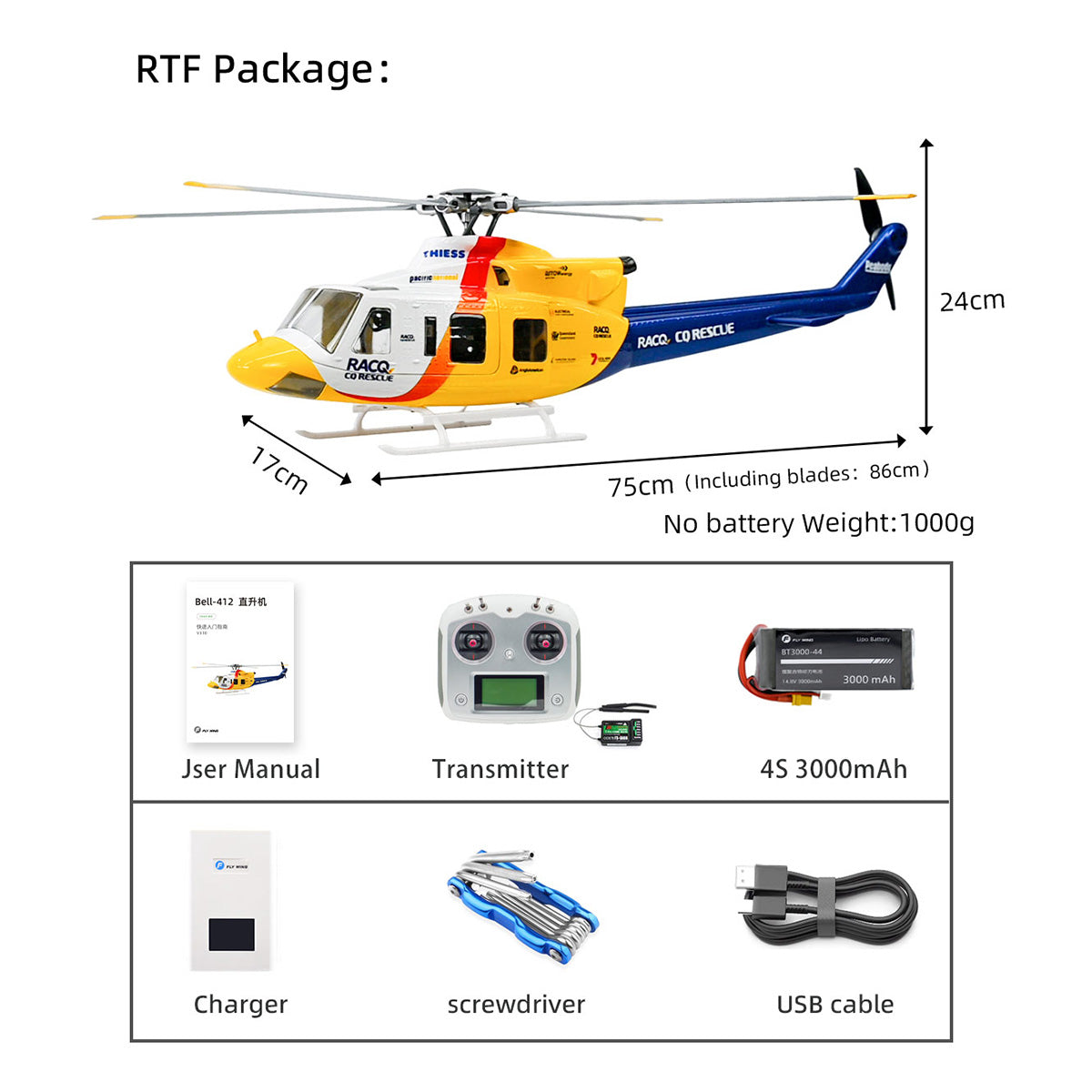 FLYWING BELL-412-V4 470-Class 2.4G 6CH Scale GPS RC Military Helicopter Model - Razordon