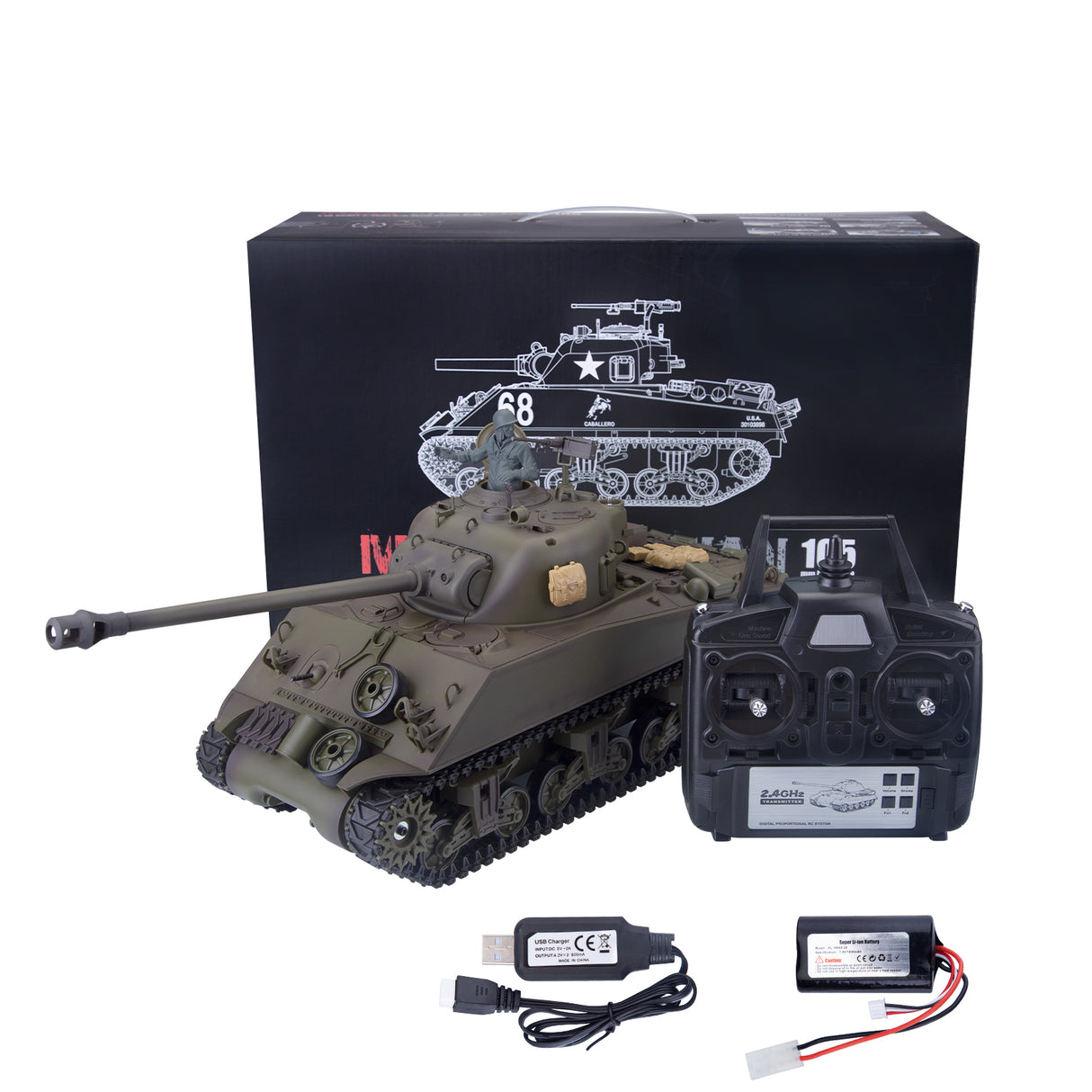 1/16 2.4G RC US M4A3 Sherman Medium Tank Vehicle Model Steel Gear Box Retractable Long Barrel Smoking Light Sound Launch BB Ammunition Infrared Ray