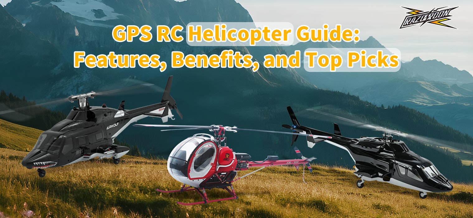 An Airwolf-style GPS RC helicopter flying midair against a blue sky, with text overlay reading 'GPS RC Helicopter: Guide – Features, Benefits, and Top Picks